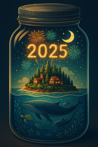 AI: create an image with a glass jar, with inside it an ocean and a little island. The little island has a lot of trees on it and a couple of houses. Above the island there are stars and a moon, all inside the jar. In the ocean in the bottom part of the jar we see some ocean animals. Add some fireworks inside the jar, which display the number 2025