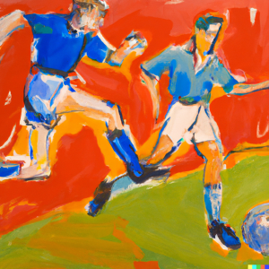 A painting of two football players trying to both get the ball on a football field, The players are painted with clear lines, lots of color. The legs of the football players and the football itself are much larger than normal. One player has a blue soccer outfit. The other player has orange colored clothes.