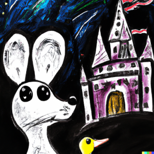 A drawing of a black mouse with big ears and a white duck with a big castle on the background and laser lights lighting up the image