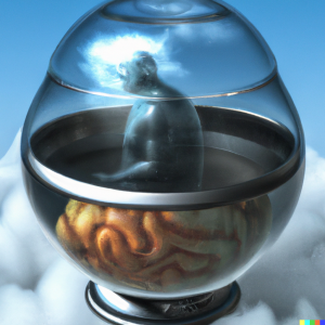 A mind inside a fishbowl on top of a mechanical body walking through the sky on top of a cloud