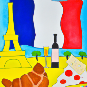 a painting with mickey mouse, a bottle of wine, cheese and a crossant and the eiffel tower all on top of the french flag