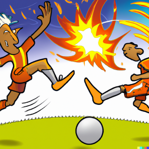 a photo of two soccer players when one player in an orange outfit kicks a burning comet across the field, right into the goal